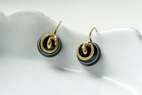 Victorian Bulls Eye Agate and Snake Earrings