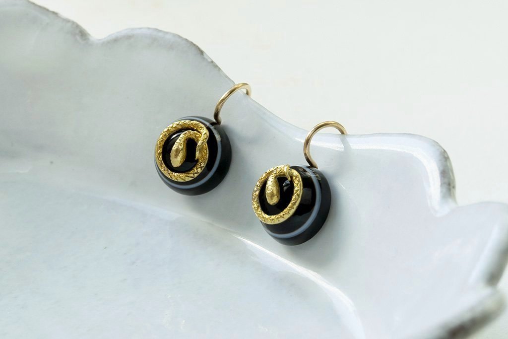 Victorian Bulls Eye Agate and Snake Earrings