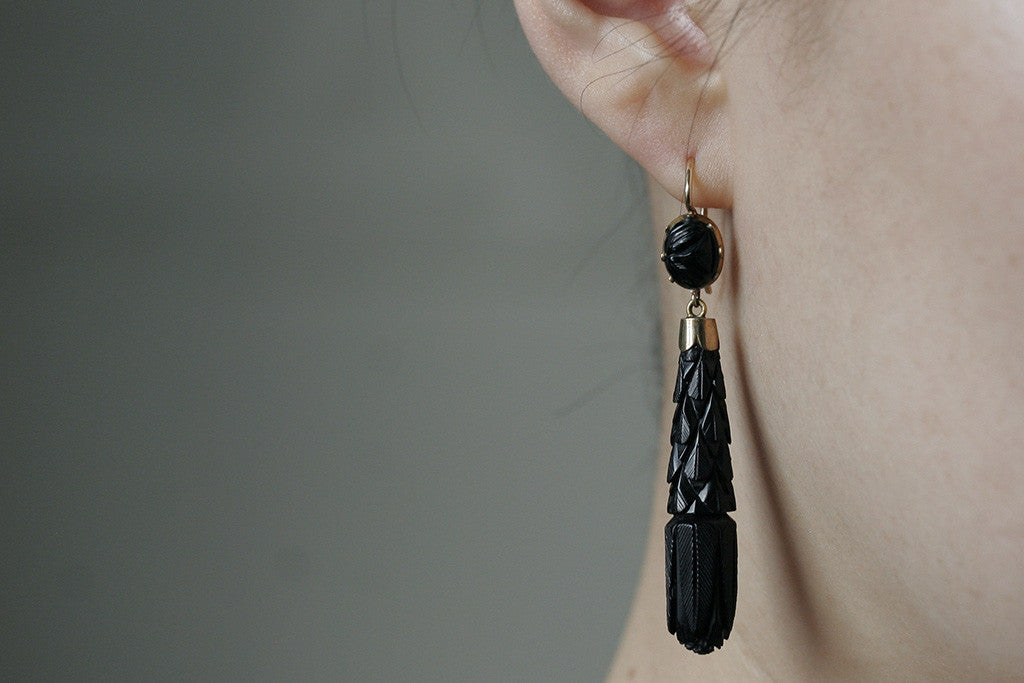Victorian Carved Whitby Jet Drop Earrings