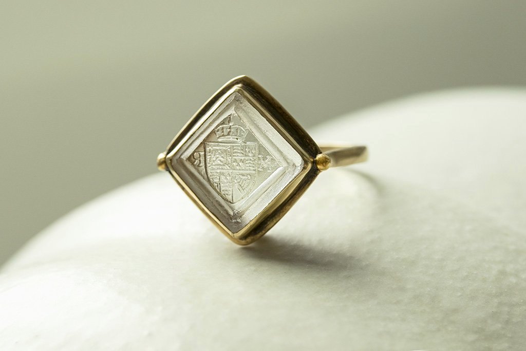 Antique Armorial Clear Tassie Intaglio Ring