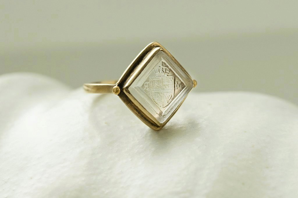 Antique Armorial Clear Tassie Intaglio Ring
