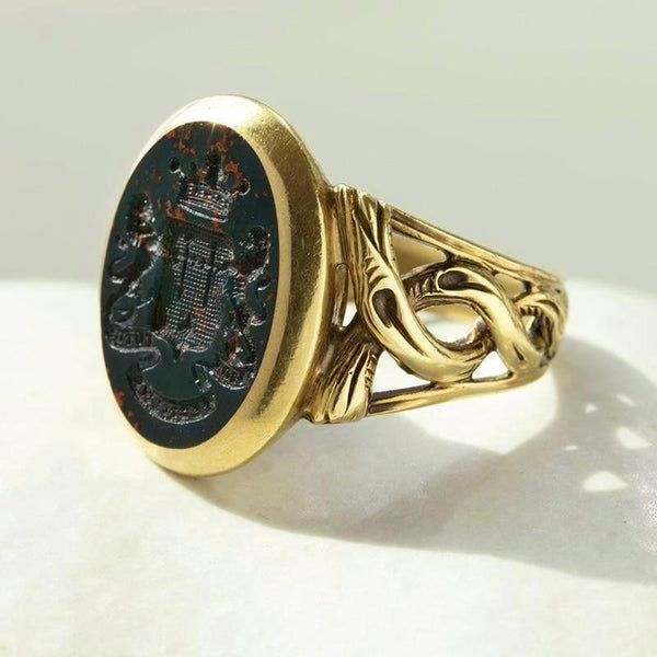 Victorian Bloodstone Intaglio Signet Ring with Coiled Detail