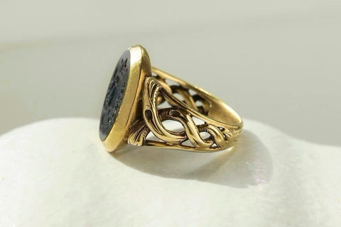 Victorian Bloodstone Intaglio Signet Ring with Coiled Detail