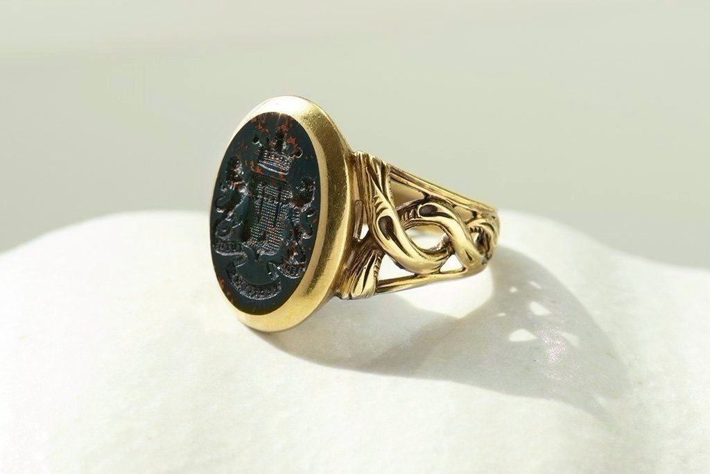 Victorian Bloodstone Signet Ring with Coiled Detail