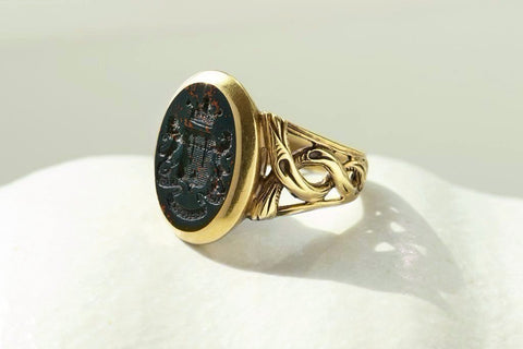 Victorian Bloodstone Intaglio Signet Ring with Coiled Detail