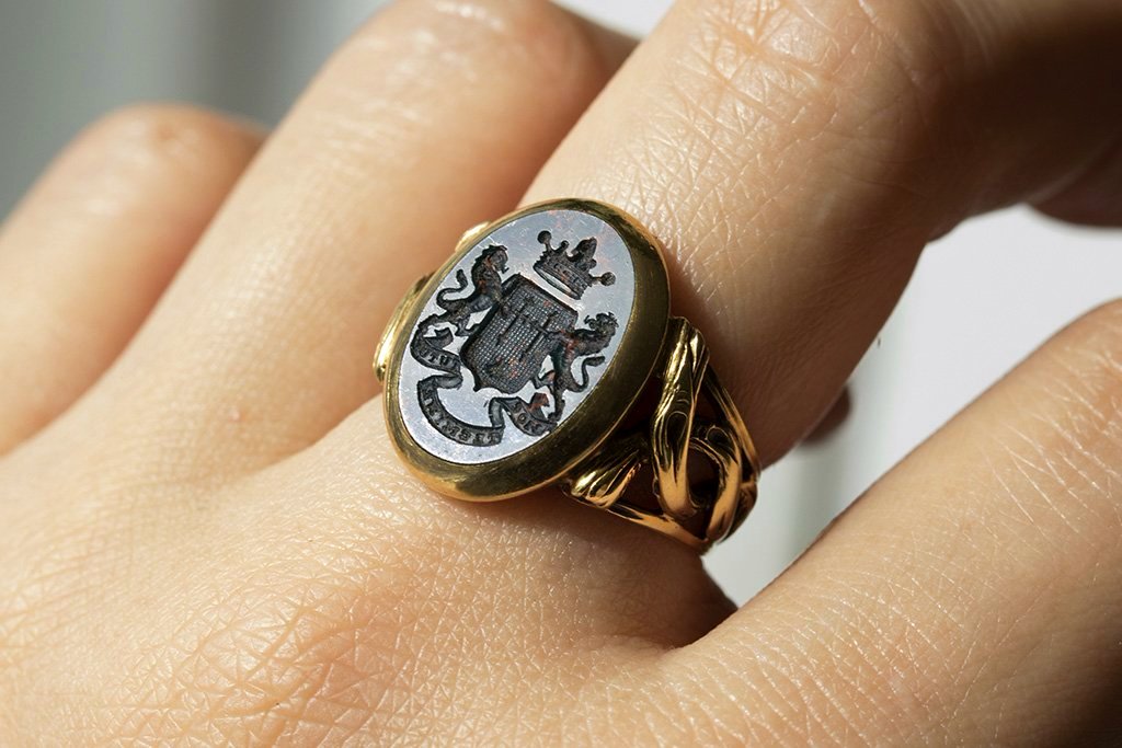 Victorian Bloodstone Intaglio Signet Ring with Coiled Detail