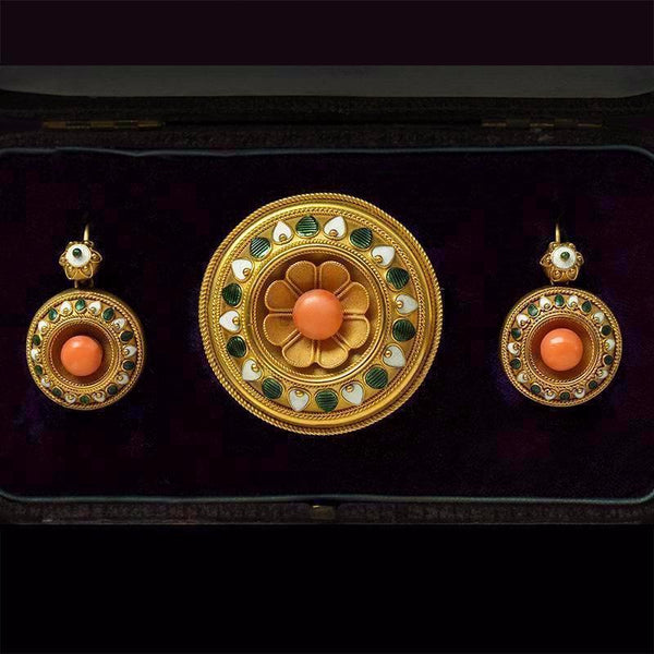 Mid Victorian Coral Enamel Brooch & Earrings Set