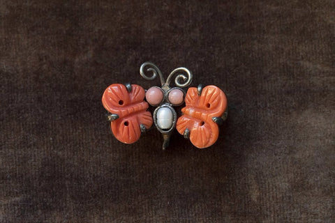 Double Carved Coral Wing Butterfly Brooch