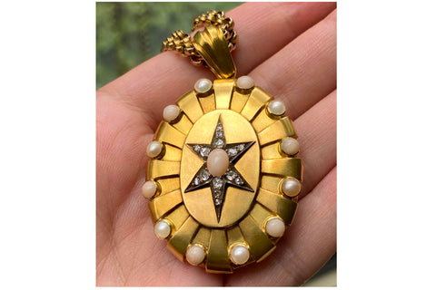 Victorian Diamond, Coral & Pearl Starburst Locket