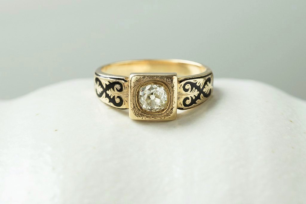 Victorian Diamond Black Enamel Mourning Ring