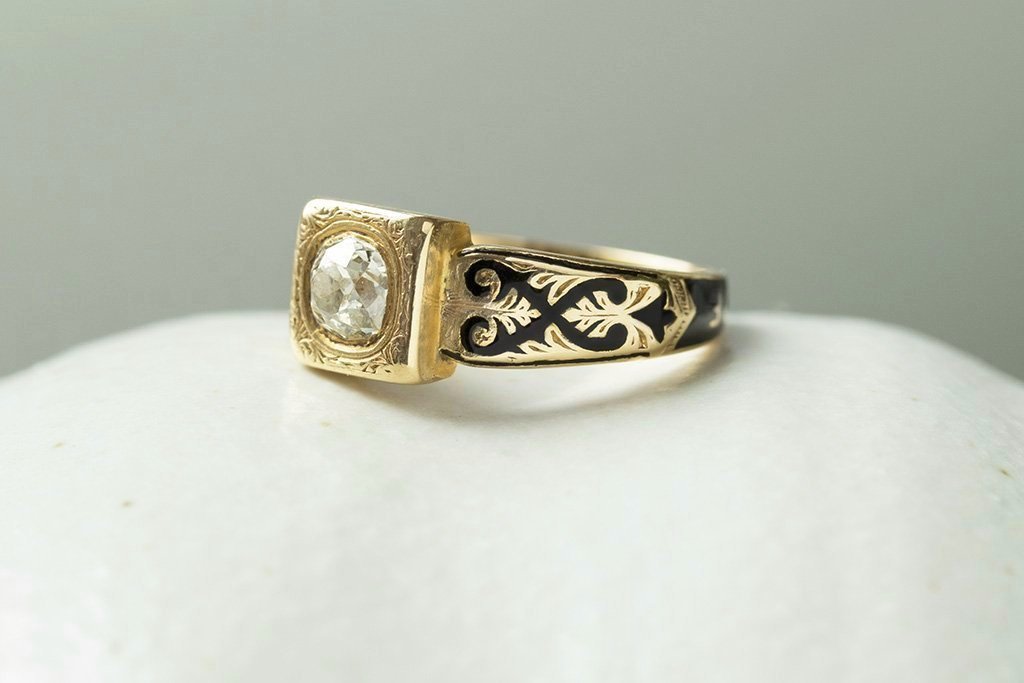 Victorian Diamond Black Enamel Mourning Ring
