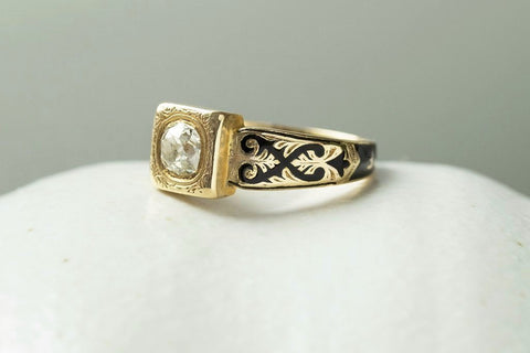 Victorian Diamond Black Enamel Mourning Ring