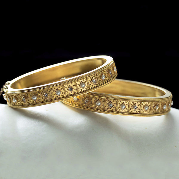 Victorian Matched Set of Diamond Pearl Gold Bangles