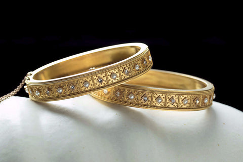 Victorian Matched Set of Diamond Pearl Gold Bangles