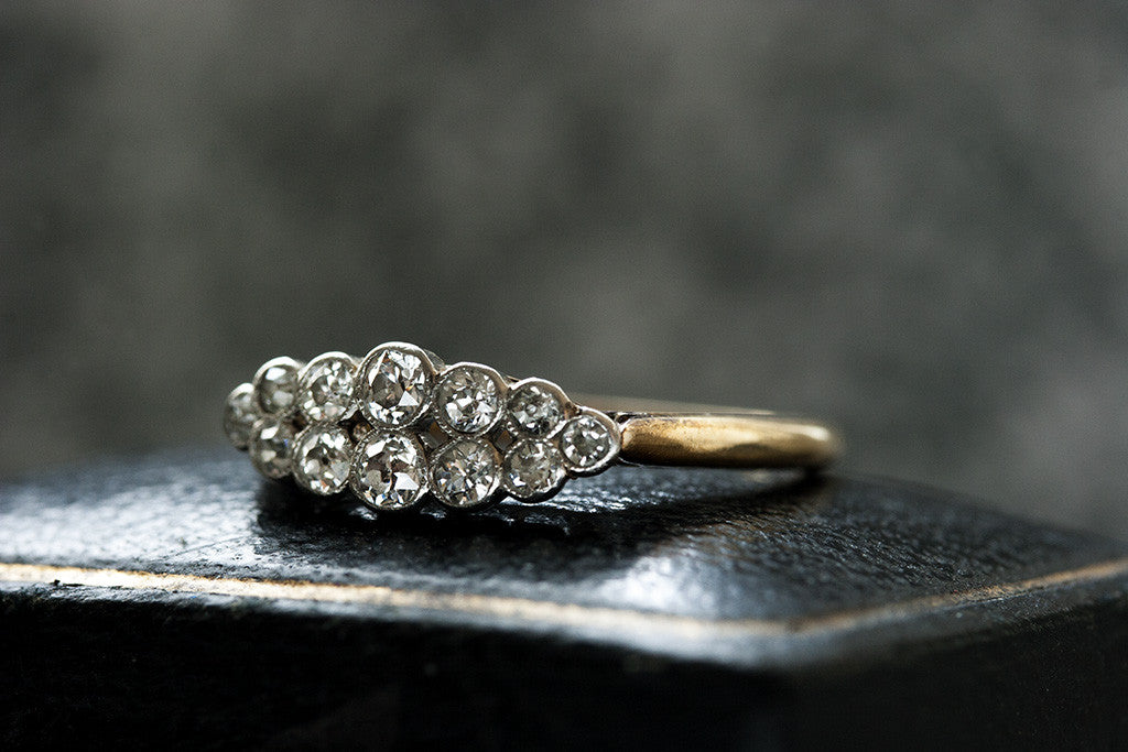 Antique Diamond Engagement Ring, Edwardian Daisy Flower Diamond Cluster Ring  in 18 Carat Gold and Platinum with Engraved Setting. - Addy's Vintage