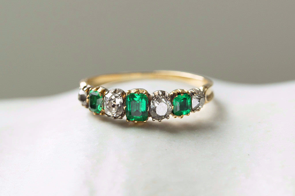Georgian Diamond and Emerald Half Hoop Ring