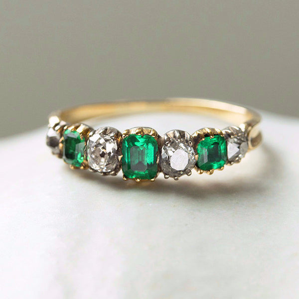 Georgian Diamond and Emerald Half Hoop Ring