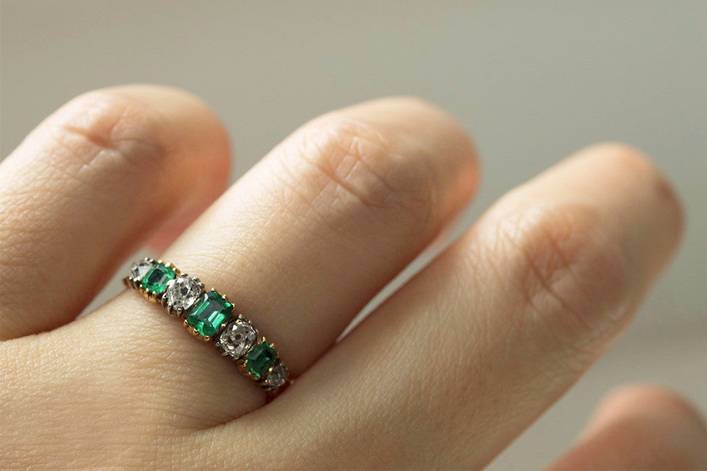 Georgian Diamond and Emerald Half Hoop Ring