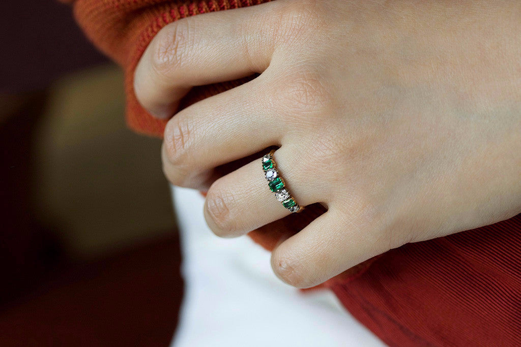 Georgian Diamond and Emerald Half Hoop Ring
