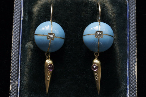 Victorian Blue Enamel and Diamond Earrings