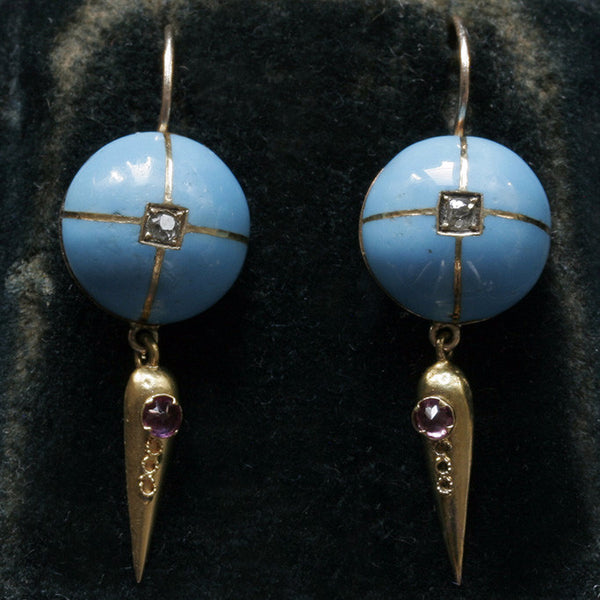 Victorian Blue Enamel and Diamond Earrings