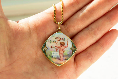 Victorian Enamel and Diamond Putto Cherub Locket