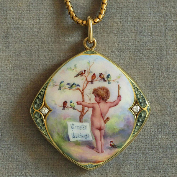 Victorian Enamel and Diamond Putto Cherub Locket