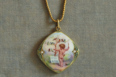 Victorian Enamel and Diamond Putto Cherub Locket