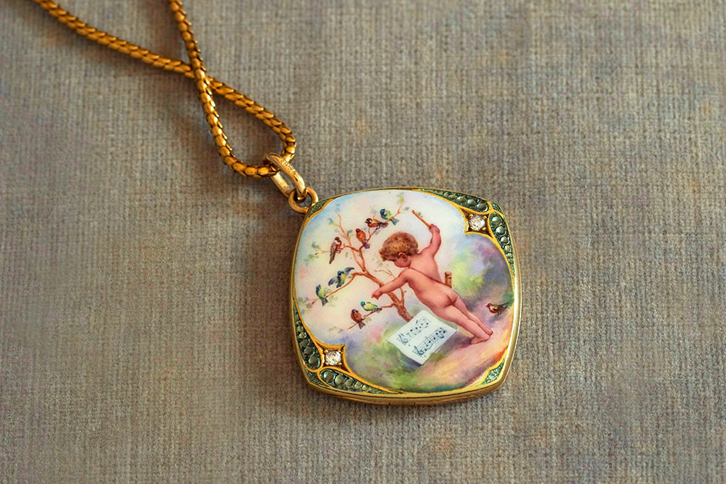 Victorian Enamel and Diamond Putto Cherub Locket