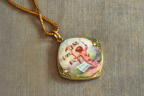 Victorian Enamel and Diamond Putto Cherub Locket
