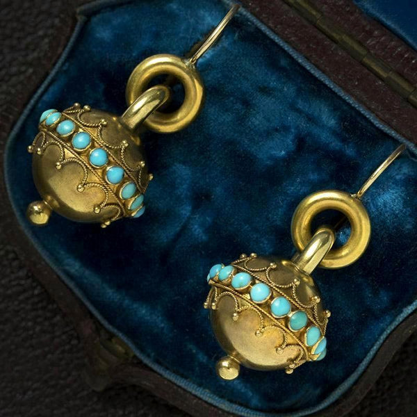Victorian Etruscan Revival Turquoise Gold Earrings