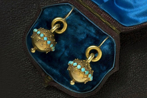 Victorian Etruscan Revival Turquoise Gold Earrings