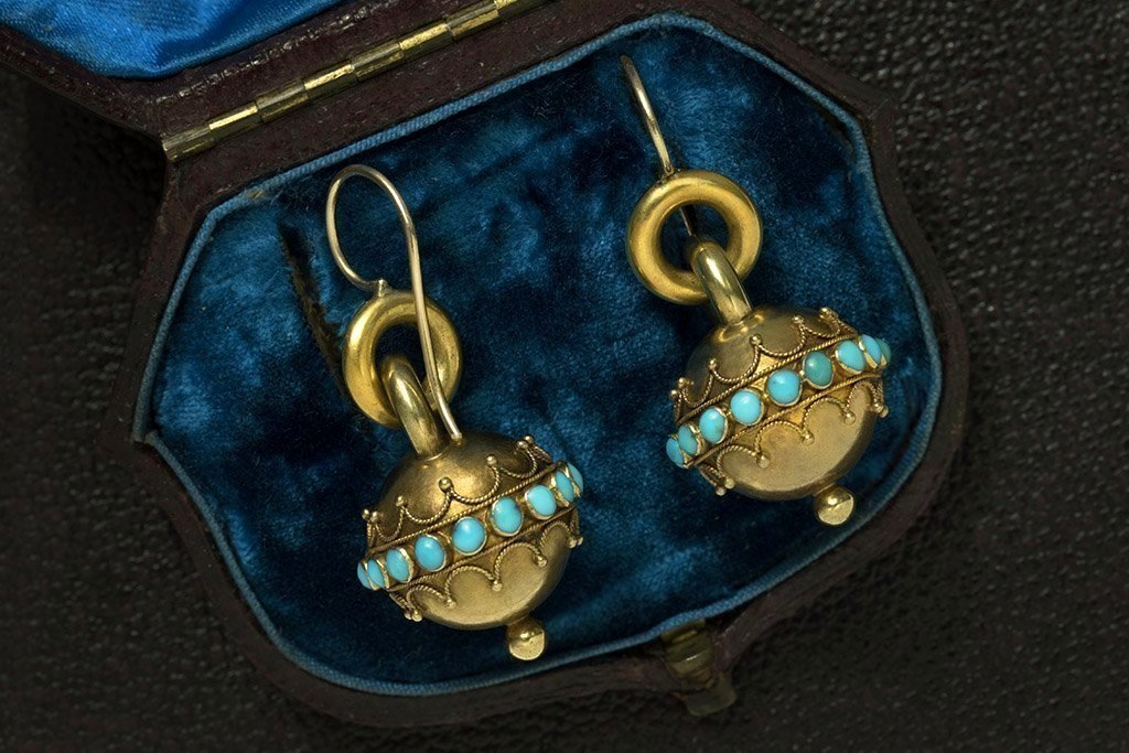 Victorian Etruscan Revival Turquoise Gold Earrings