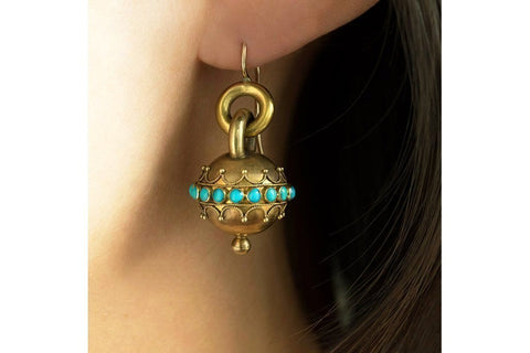 Victorian Etruscan Revival Turquoise Gold Earrings