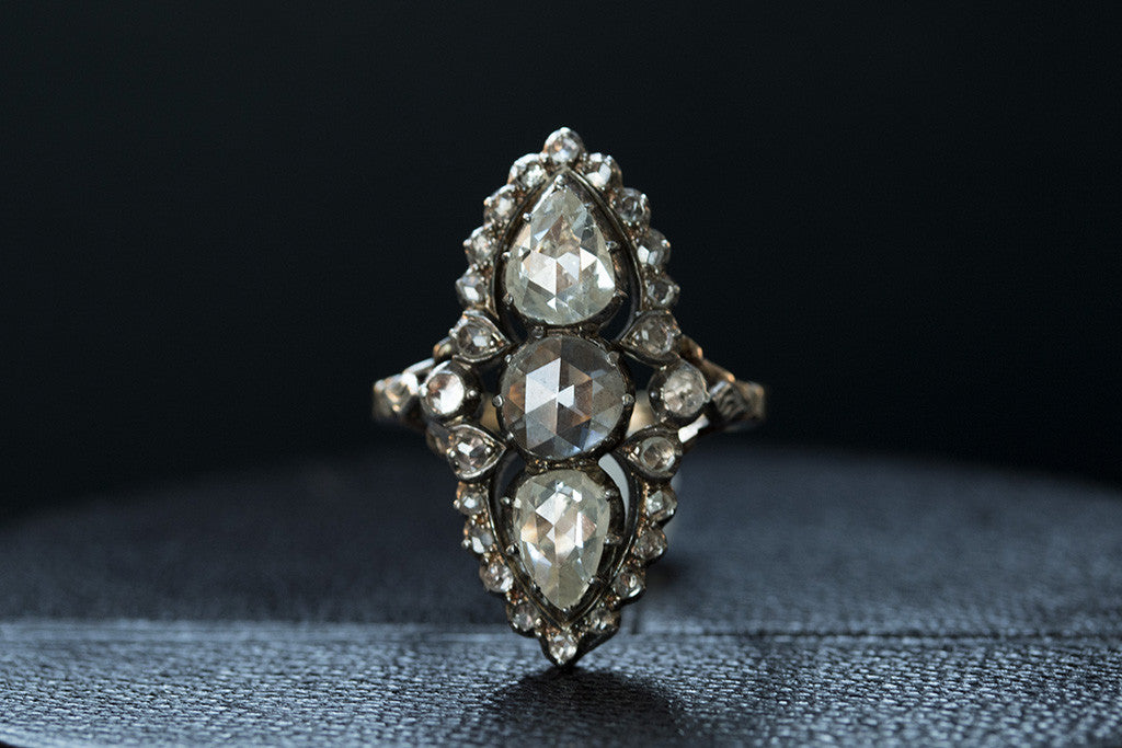 14K Gold & Sterling Silver Georgian Era Diamond Flower Ring - Ruby Lane