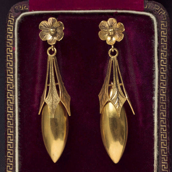 Victorian Torpedo Drop Earrings with Flower Top