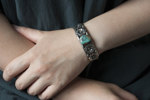 Navajo Turquoise Bangle With Floral Motif