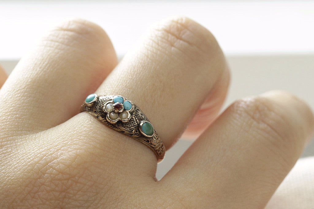 Turquoise and Pearl Forget Me Not Ring