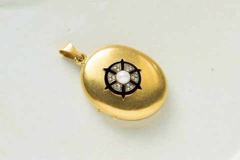 Antique French Diamond Pearl Black Enamel Locket