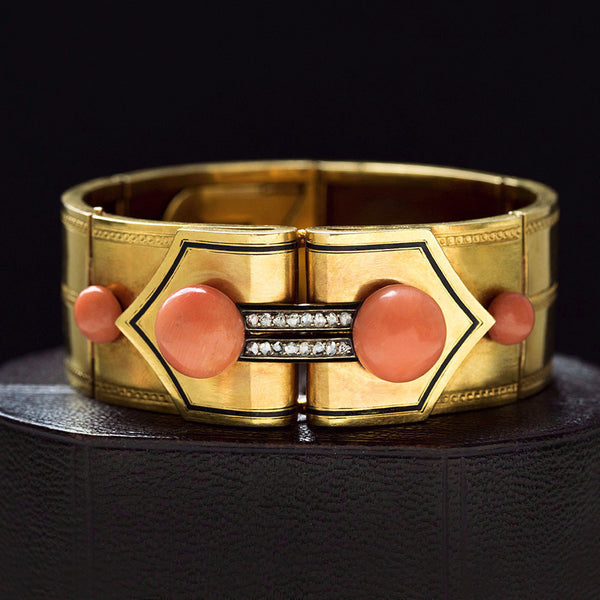 Antique French Coral, Diamond and Black Enamel Bracelet