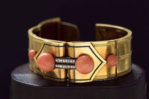 Antique French Coral, Diamond and Black Enamel Bracelet