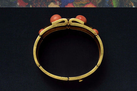 Antique French Coral, Diamond and Black Enamel Bracelet