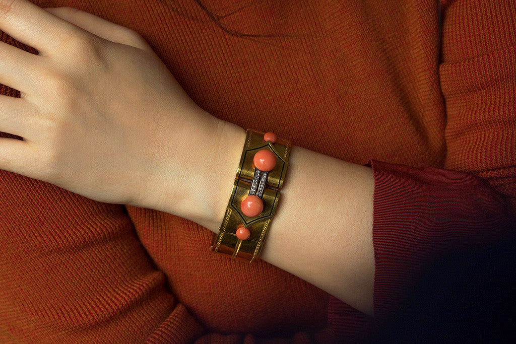 Antique French Coral, Diamond and Black Enamel Bracelet