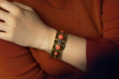 Antique French Coral, Diamond and Black Enamel Bracelet