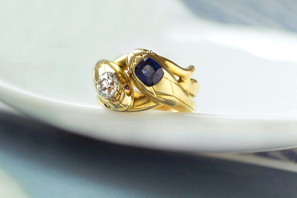 Antique French Diamond Sapphire Snake Ring
