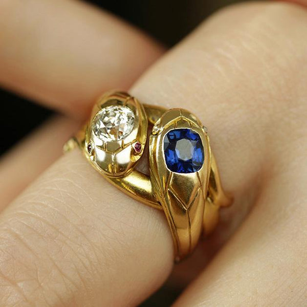 Antique French Diamond Sapphire Snake Ring