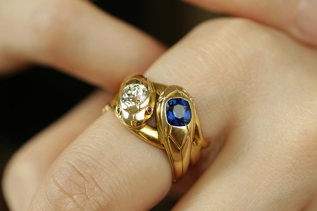 LAELIUS Antiques Antique French Diamond Sapphire Snake Ring
