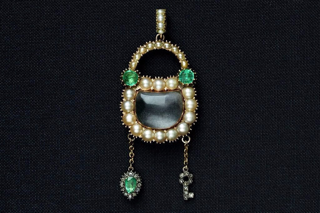 Georgian Emerald Pearl Diamond Padlock with Matching Chain
