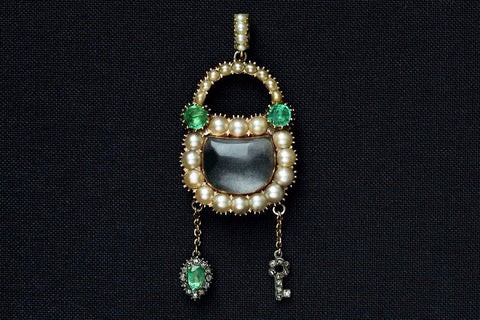 Georgian Emerald Pearl Diamond Padlock with Matching Chain