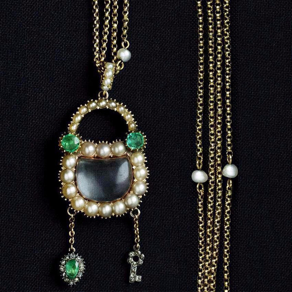 Georgian Emerald Pearl Diamond Padlock with Matching Chain